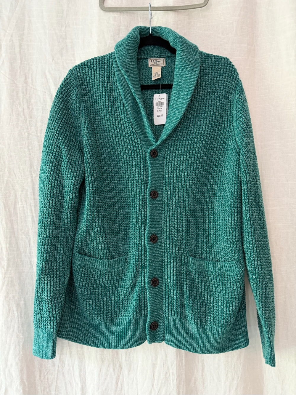 LL Bean Waffle Knit Cardigan Sweater Mens Medium Organic Cotton NWOT Warm Teal